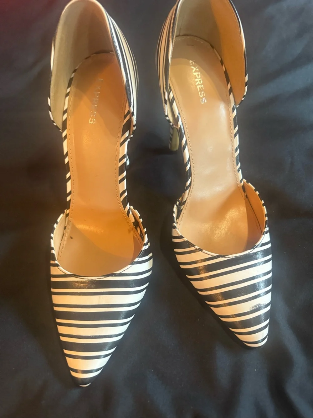 Express Black and White Striped Pointed D'Orsay Heels